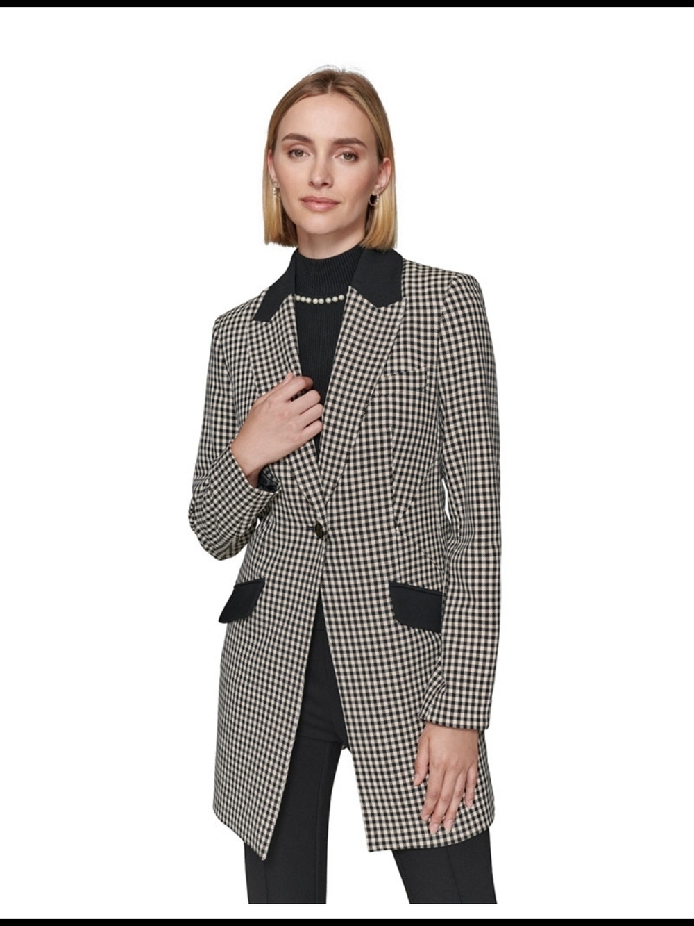 Karl Lagerfeld Women's Jakets Houndstooth Longline Blazer Contrast Trim Size 14
